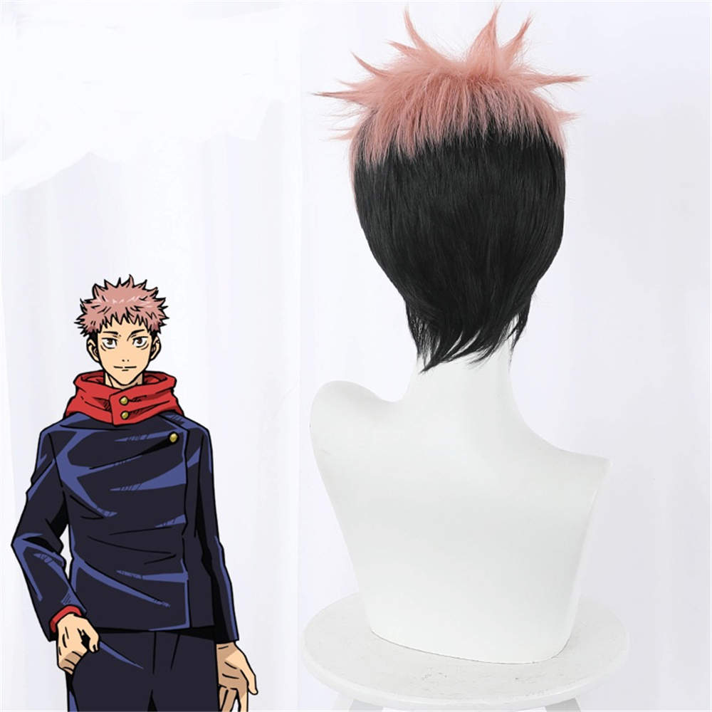Anime Jujutsu Kaisen cheveux cosplay perruque Yuji itadori + Cap perruque gratuit Couleur Rose Noir court Perruques -Takerlama