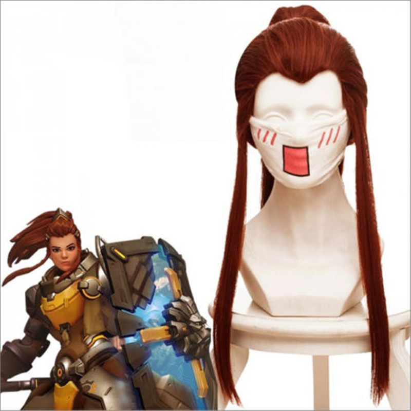 Anime Game Over Voir OW dVA brigitte perruque rouge brun Cauda longue perruque cosplay costume femmes long Prêle Perruques cosplay 50cm