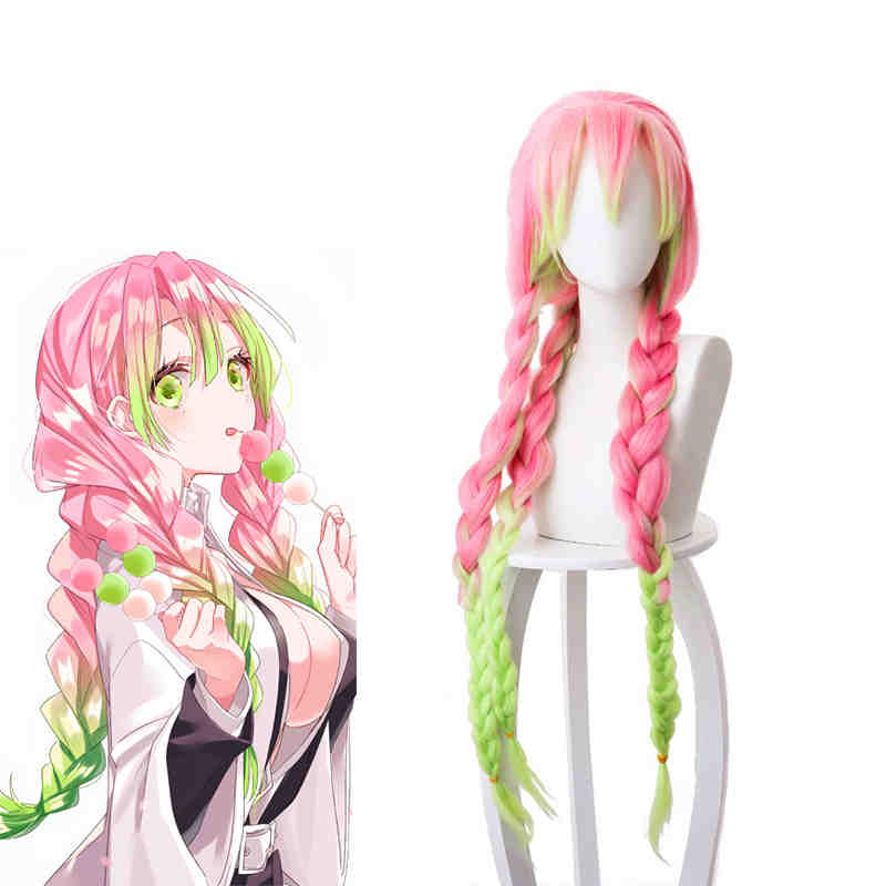 Kanroji Mitsuri Cospaly Synthétique Synthétique Halloween perruque Anime demon Slayer Kimetsu No Yaiba